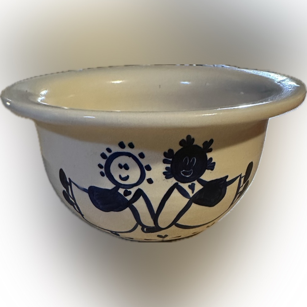 VTG FARMHOUSE CERAMIC STONEWARE SALT GLAZED BOWL CREAM NAVY BLUE COBALT SIGNED